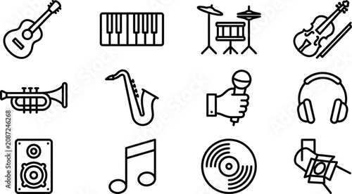 Foto Set of musical instruments and audio equipment outline icons.
