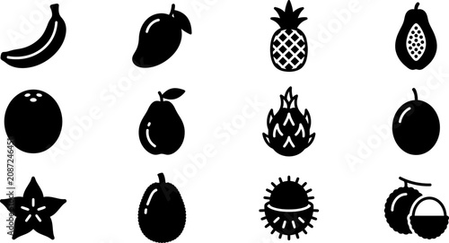 Set of Tropical Fruit Vector Icons in Black Silhouette Style.