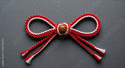 Traditional Japanese Mizuhiki ornamental cord knot with wooden chrysanthemum crest button