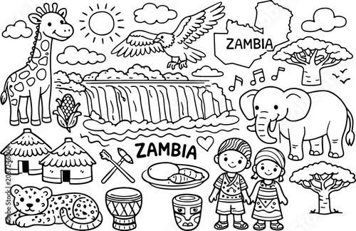 Zambia, monumentos, contorno de dibujos animados, ilustración de arte lineal dibujada a mano, página para colorear para niños