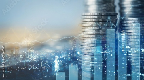 Financial growth and investment concept with double exposure of silver coin stacks, glowing city skyline at night, and rising stock market charts representing global economic prosperity.
