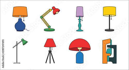 Obraz na płótnie Assorted table lamps flat vector illustration with colorful shades and bases lig