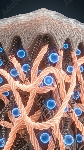 Hyaluronic acid matrix showing dense collagen network with warm peach glow, springy elastin threads, luminous blue liquid spheres representing deep skin hydration within dermis layer.