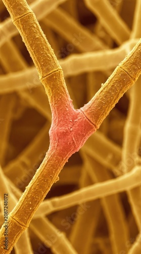 Fungal hypha branching node demonstrating mycelial network expansion, parent filament splitting into y-shape to form two daughter tubes, microstructure within organic underground mycelium.