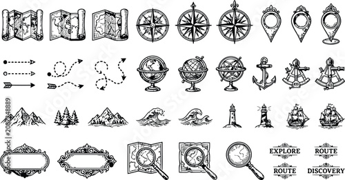 Bild auf Leinwand Engraving vintage collection of nautical and travel elements with maps compasses