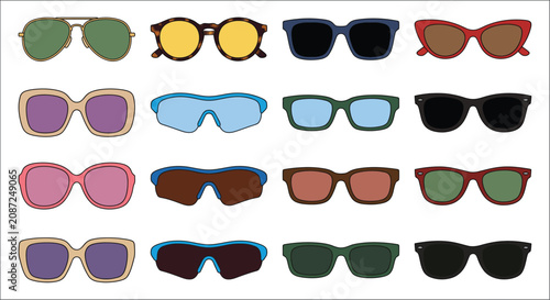 Assorted sunglasses collection flat vector illustration with varied frame and lens colors
