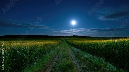 A dirt path leads through a moonlit cornfield under a starry sky