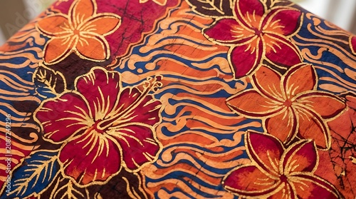 Traditional Batik Fabric Featuring Vibrant Tropical Hibiscus Floral Pattern