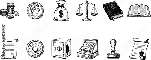 Foto Engraving vintage legal and financial symbols in a grid during daytime against a