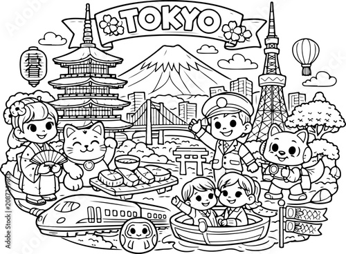 Monumentos de Tokio, Japón, contorno de dibujos animados dibujados a mano, ilustración de arte lineal, dibujo de garabatos, página para colorear para niños