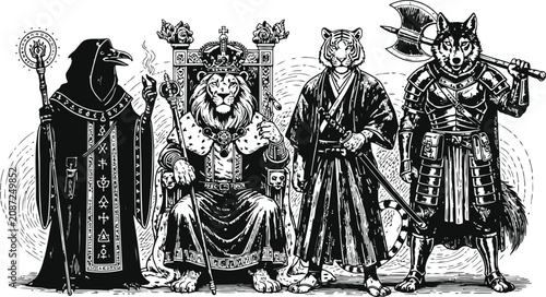 Tableau sur toile Four anthropomorphic animal characters in a vintage engraving style representing