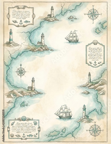 Old maritime chart showing sailing ships, lighthouses, and compass roses on a textured background