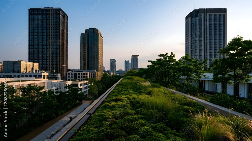 Fototapeta premium A modern urban landscape with tall buildings flanking a lush green rooftop garden and pedestrian walkway under clear sky