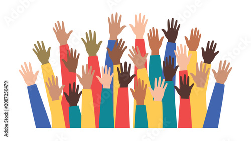 Obraz na płótnie Diverse people raising hands in unity and solidarity together in a colorful crow
