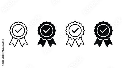 Tableau sur toile Four black and white check mark rosette ribbons for awards and certifications