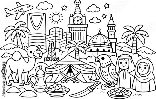 Reino de Arabia Saudita, monumentos emblemáticos, dibujo animado, contorno, ilustración lineal, dibujo a mano, página para colorear para niños