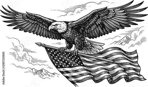 Photos Majestic bald eagle holding American flag soaring through clouds in a detailed e