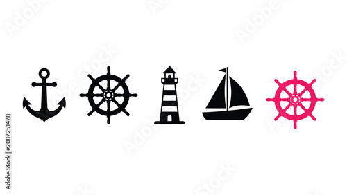 Konstfotografi Nautical icons including anchor ship wheel lighthouse and sailboat on white back