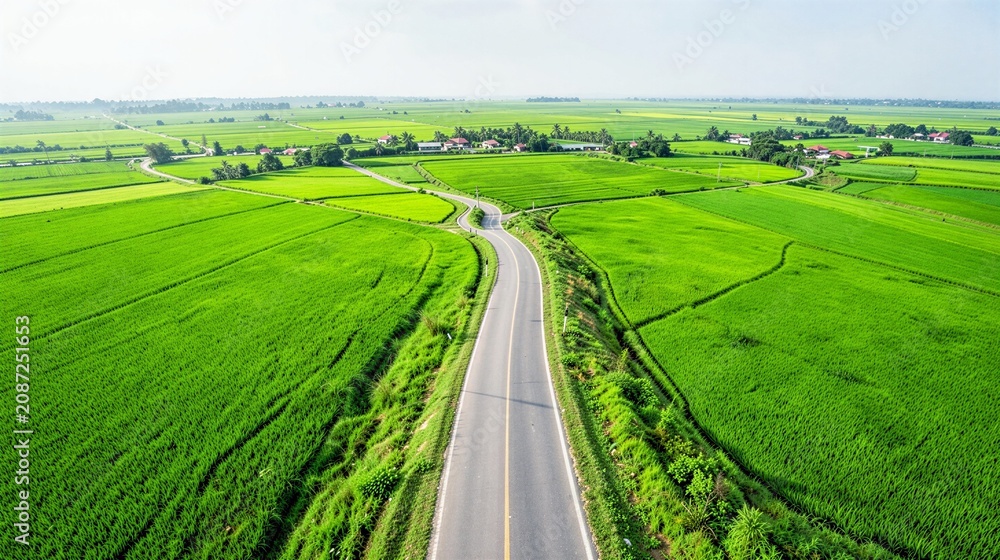 Fototapeta premium Photorealistic aerial drone shot of a winding countryside road surrounded by bright green farmland