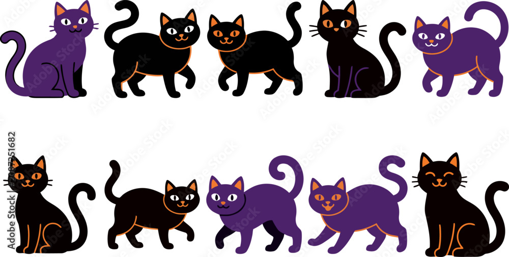Fototapeta premium Halloween vector cats in black and purple with orange accents for spooky decorations
