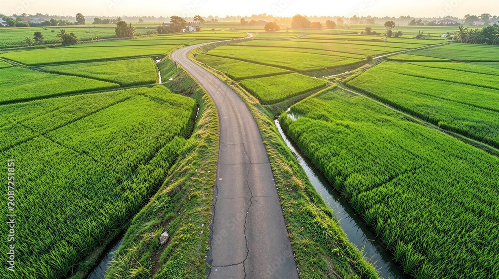 Naklejka premium Photorealistic aerial perspective of a quiet country road winding across flourishing rice fields