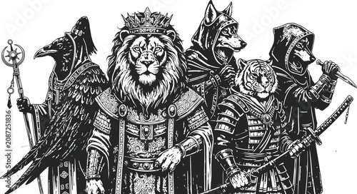 Φωτογραφία Regal anthropomorphic animals in a vintage engraving style during a ceremonial g