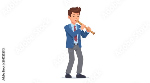 Fotografía Professional Man in Suit Playing Musical Woodwind Flute Instrument Vector Illust