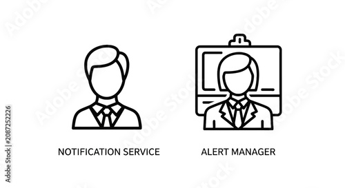 Illustration of a person with a computer screen showing a person with the text not in service and alert manager illustration computer business