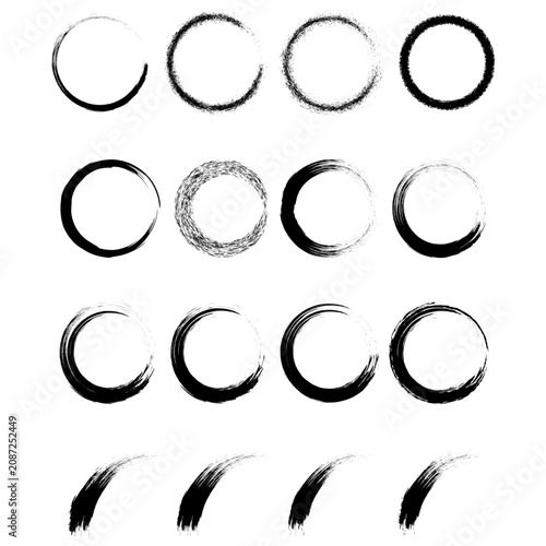 Black Distress Circular Paint Brush Strokes and Enso Rings Vector Set.