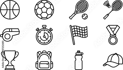 Fotografie Set of black and white sports equipment icons.