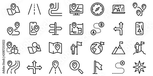 Cuadro en lienzo Route, Navigation and Map Location Outline Icon Set with Editable Stroke Vector Illustration