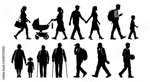 Foto Sequence of People Walking with Children and Carrying Bags.