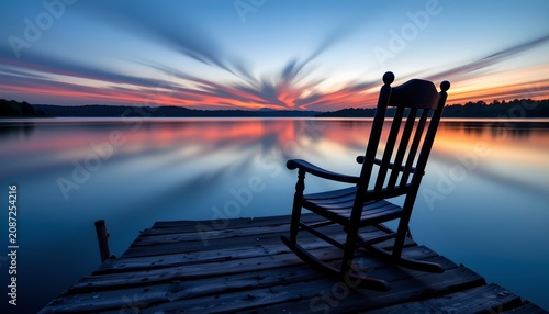A serene nighttime scene with a wooden pier extending into a tranquil body of water under a starlit sky