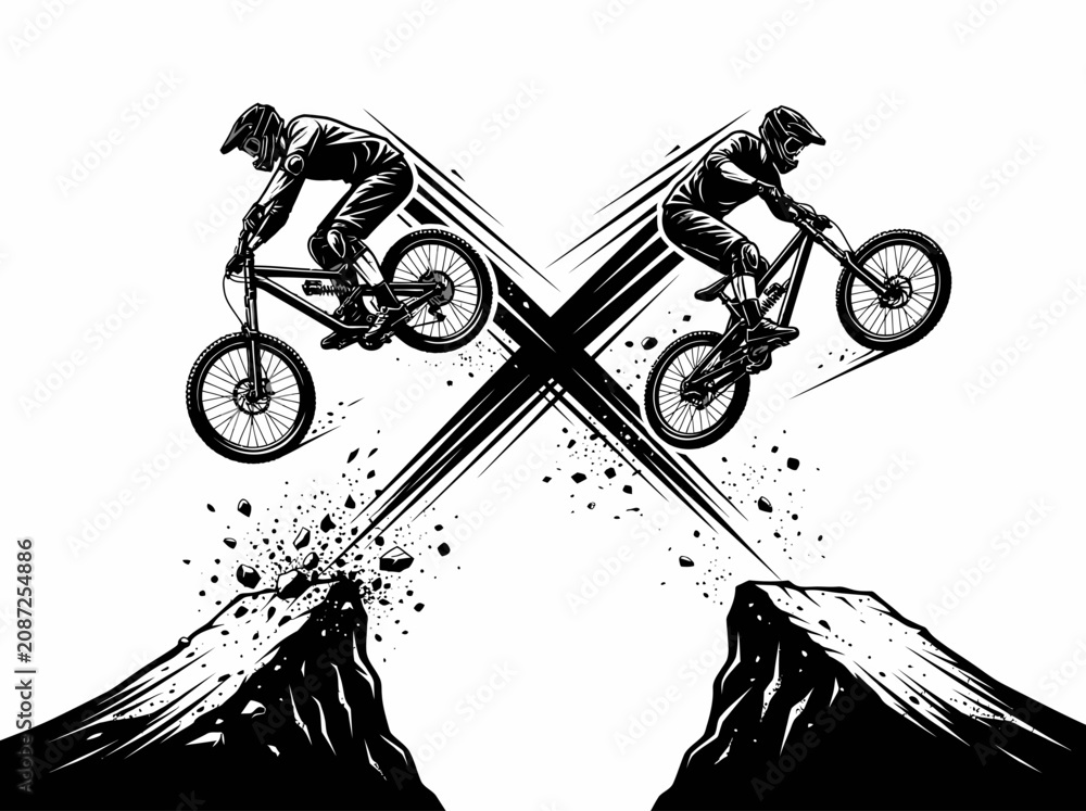 Obraz premium Mountain Bikers Jump Dirt Trail.