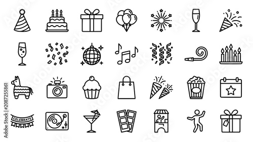 Принти на полотні Black and white party celebration and entertainment line icon collection with pi