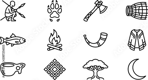 Tableau sur toile Set of tribal and primitive culture line icons featuring ancient symbols and artifacts