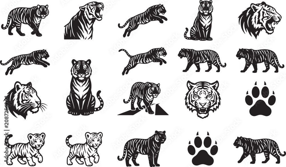 Obraz premium Minimalist Tiger Silhouette Icon Set Collection Vector Illustration