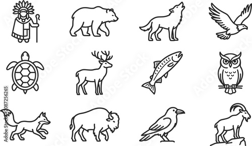 Obraz na płótnie Set of Native American totem animals and tribal shaman icons.
