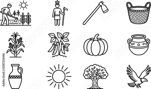 Tableau sur toile Set of ancient civilization agriculture and nature outline icons.