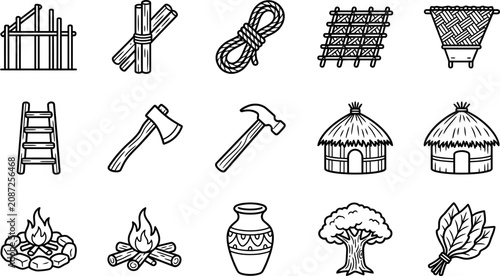 Tableau sur toile Set of hand drawn tribal and primitive living icons.