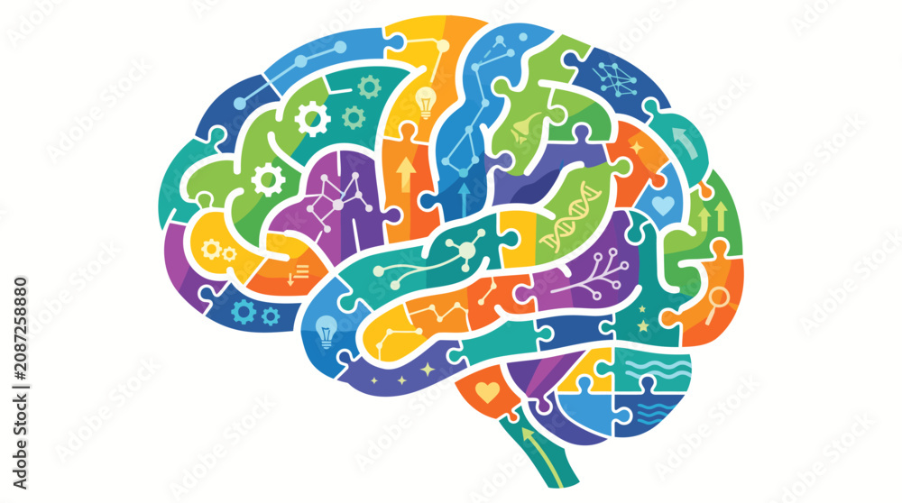 Naklejka premium Human Brain Made of Colorful Puzzle Pieces Concept of Mental Health and Intelligence