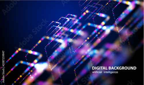 Digital futuristic city design for AI technologies presentation. Technology banner perspective background with digital dotted lines stream. Network wave in future blurred dot line colorful vector.	