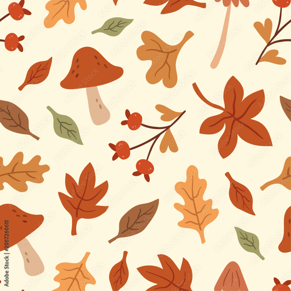 Fototapeta premium Seamless autumn pattern with leaves, mushrooms, and berries