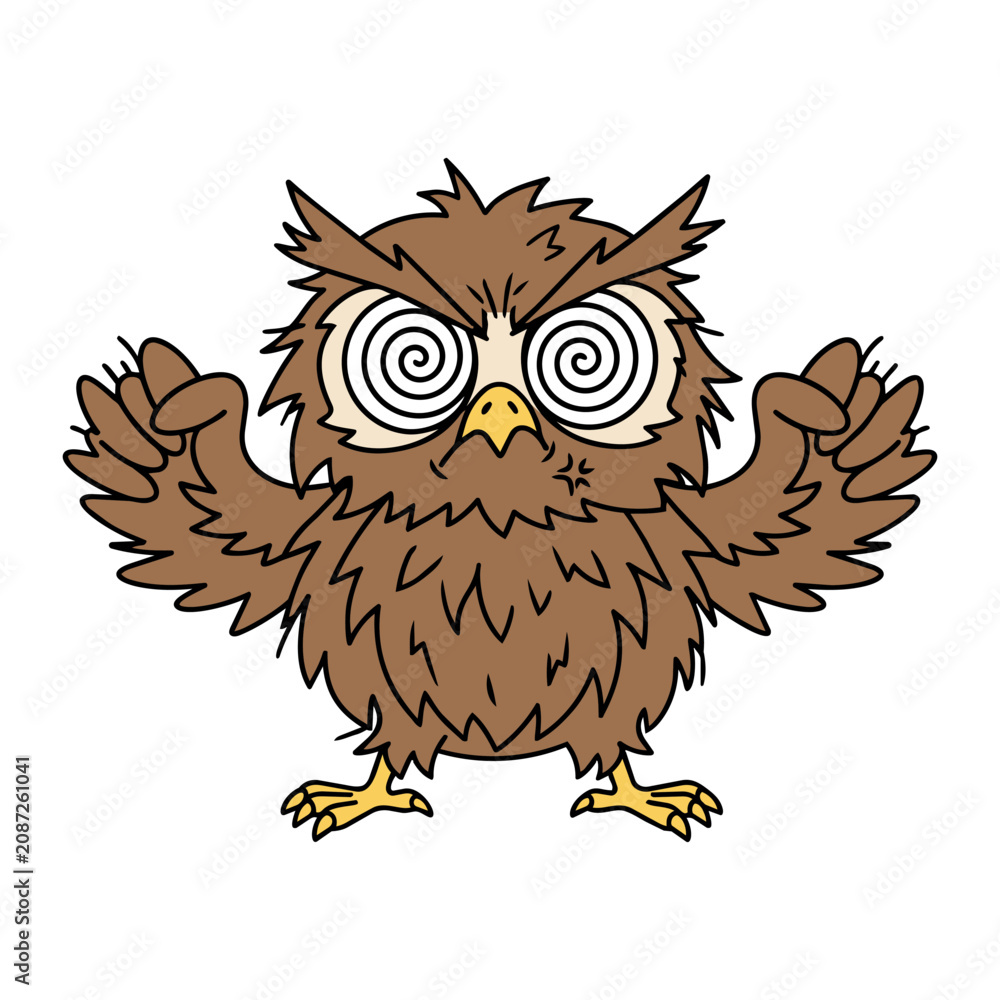 Fototapeta premium Furious angry owl cartoon mascot with hypnotic spiral eyes and aggressive expression. Funny cartoon owl with clenched wings, furrowed brows and rage vein.