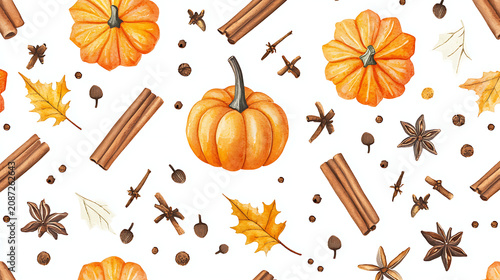 A watercolor painting of a pumpkin, cinnamon, and other fall spices