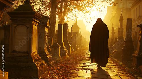 A person walks down a path in front of a cemetery