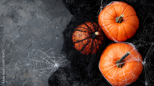 Three pumpkins with a spider web in between them