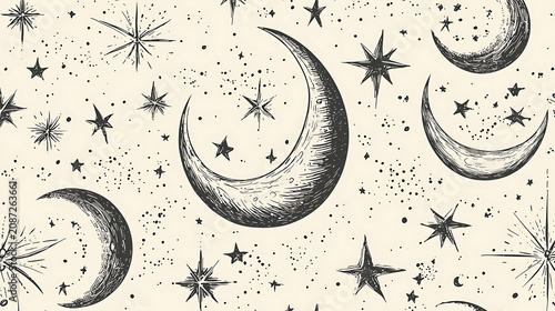 A drawing of a crescent moon with stars surrounding it