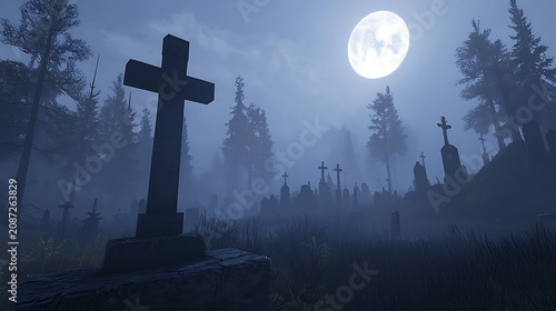 A graveyard with a large cross and a full moon in the background