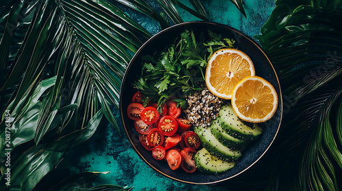 A bowl of food with a variety of vegetables and fruits, including tomatoes